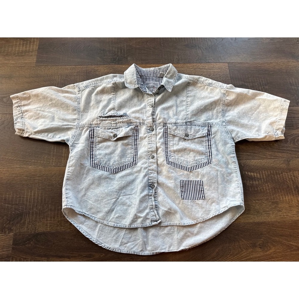 Andrew‎ Sport Acid Wash Denim Short Sleeve Button Down Small Vintage